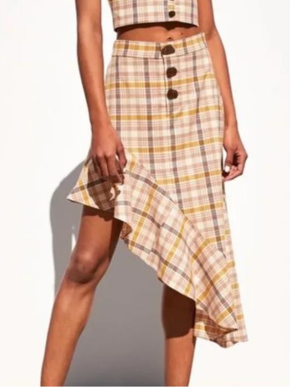 ZARA Asymmetrical Plaid Midi Ruffle Skirt Brown Buttons Size Medium